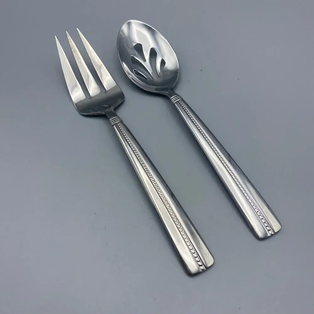 Nicole‎ Miller GREEN TEA Serving Fork Spoon 2pcs Beaded Stainless Flatware